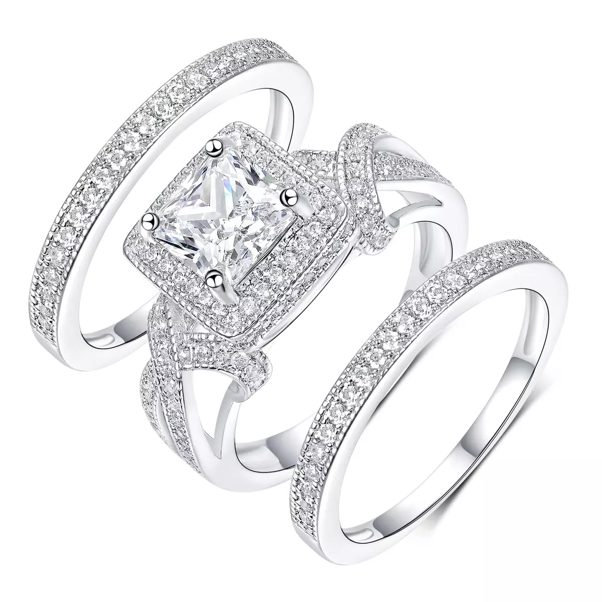 Women's Electroplated White Square Fat Cubic Zirconia Fashion 3-Pcs Ring Set, Unisex
