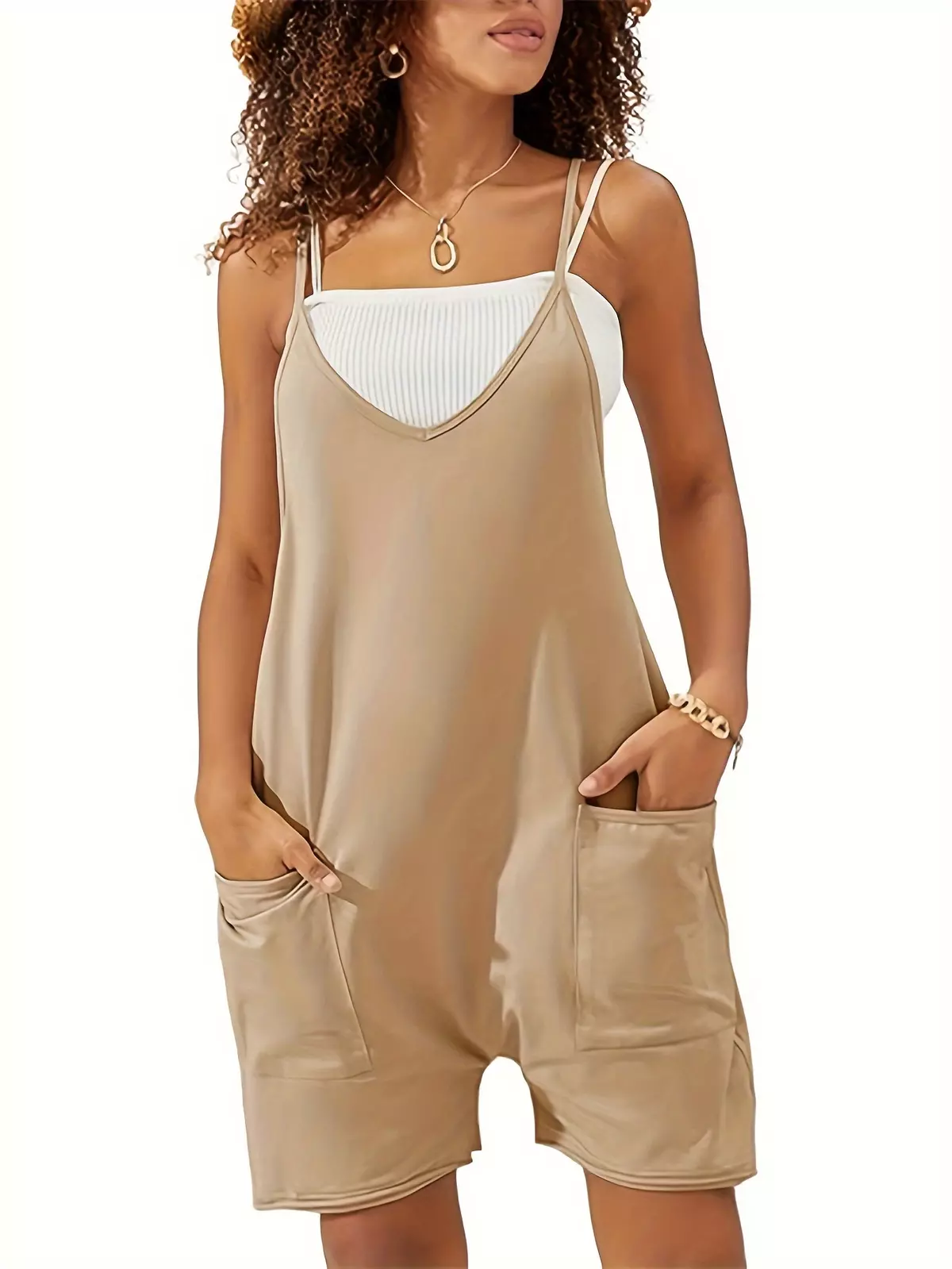 Solid Color Cami Overall Jumpsuit, Casual V Neck Sleeveless Loose Overall Jumpsuit With Pocket, Women's Clothing-Black