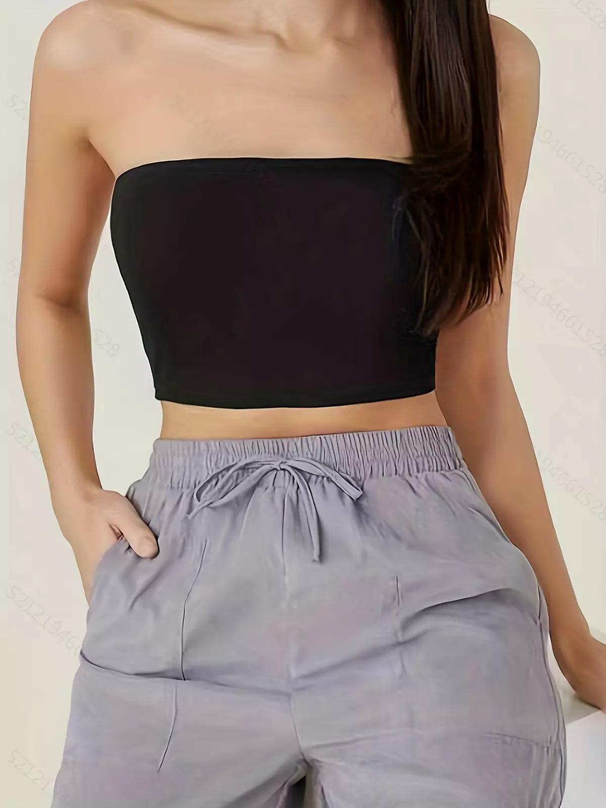 Crop Tube Top, Sleeveless Solid Casual Top For Summer & Spring, Women's Clothing-Coffee
