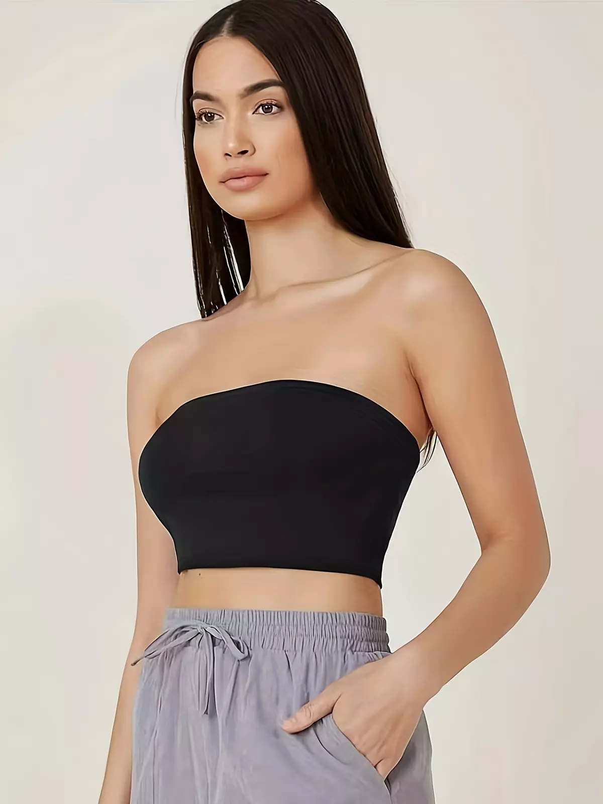 Crop Tube Top, Sleeveless Solid Casual Top For Summer & Spring, Women's Clothing-Army Green