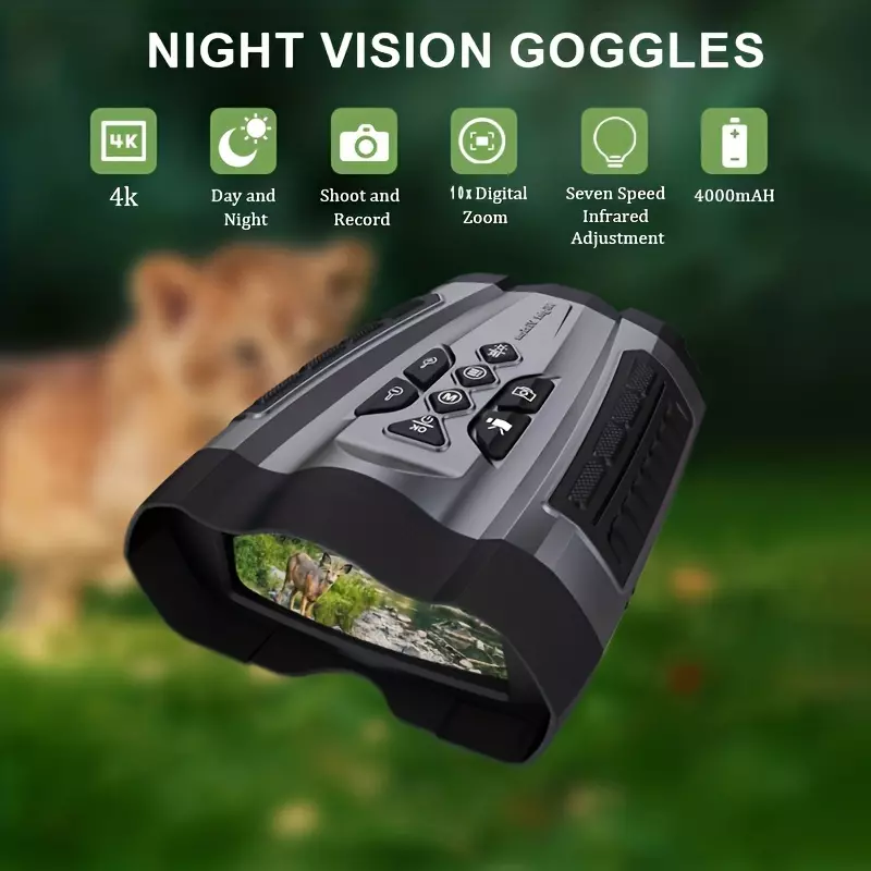 "Night Vision Binoculars with Infrared Tech – 10x Zoom, 4"" Large Screen, HD 1920p, 128GB Storage, Long-Life Battery"