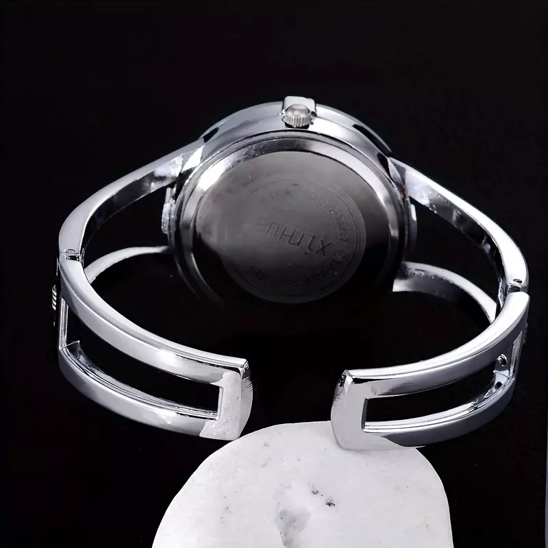 Round Pointer Quartz Watch Minimalist Rhinestone Decor Dial Vintage Cuff Bangle Design Wristwatch For Women Men-White