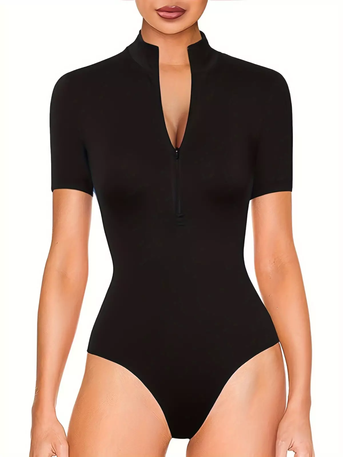 Short Sleeve Women Zip Up Bodysuit Turtleneck Bodysuits Shirt Workout Sexy Casual Body Suit