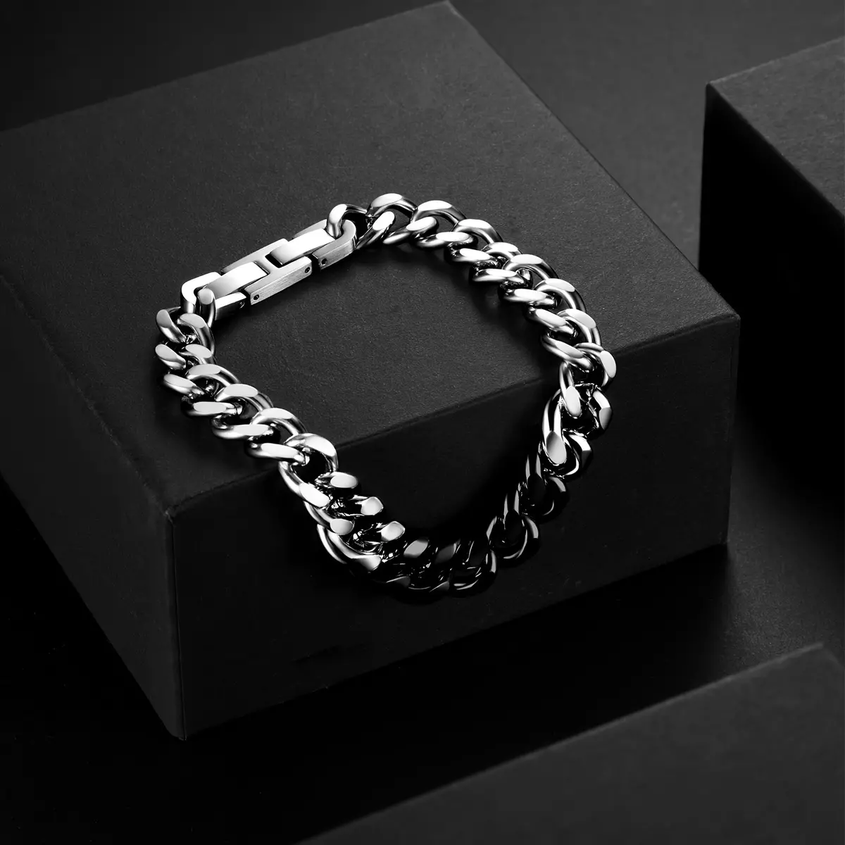 Bracelets for Men-Stainless Steel Fold Over Clasp Cuban Chain Mens Bracelet-Dual Color