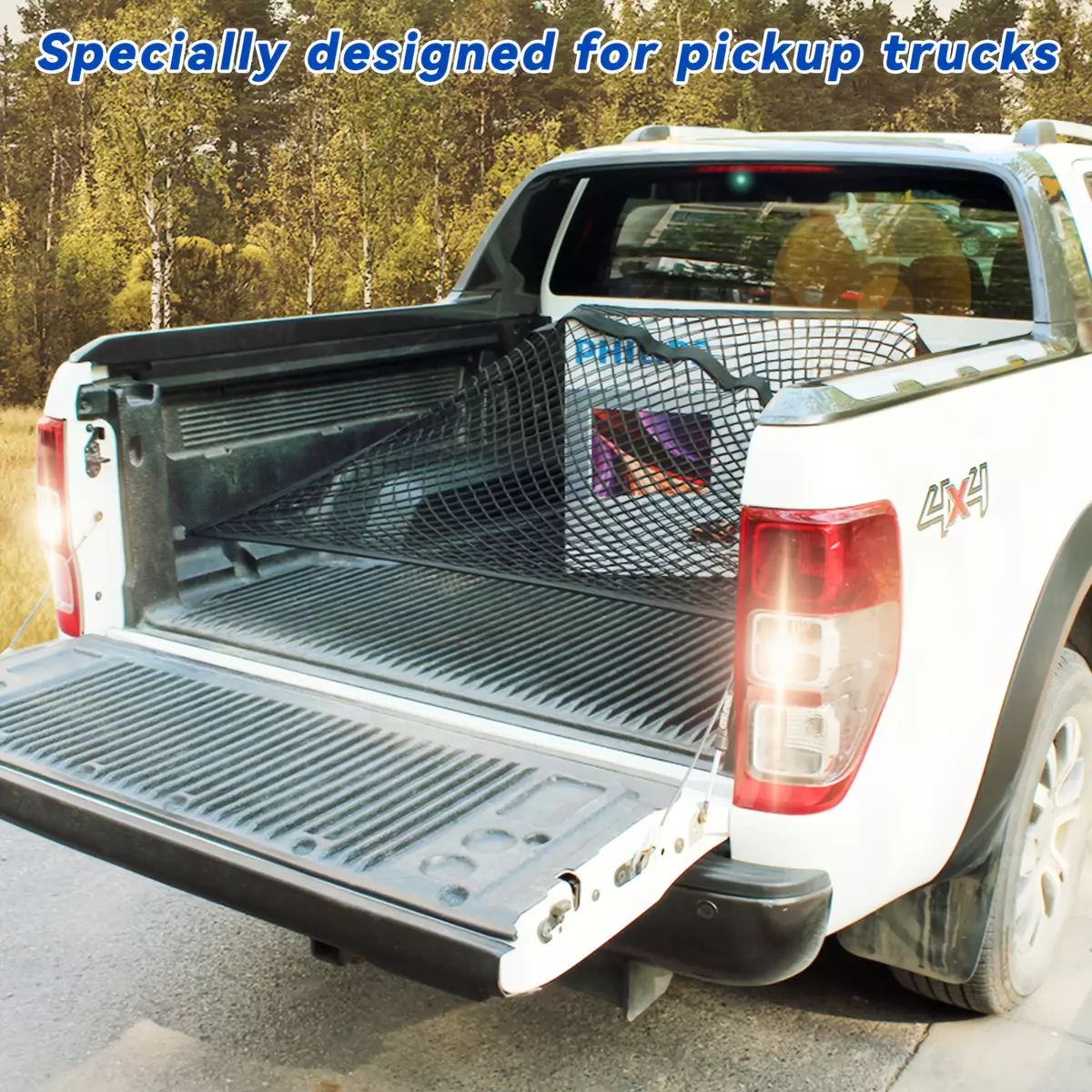 Cargo Net for Pickup Truck Bed, 4'x4' Stretch to 7'x7' Highly Elastic Cargo Netting Truck Bed Organizer Compatible with Toyota, Ford, Jeep, Chevrolet, Dodge, Trailer, Boat