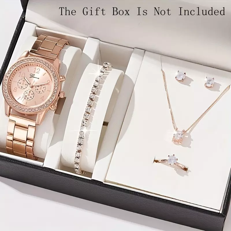6pcs/set Rose Golden Electronic Quartz Wrist Watch Bracelet Earrings Necklace Alloy Rhinestone Jewelry-Rose Gold3