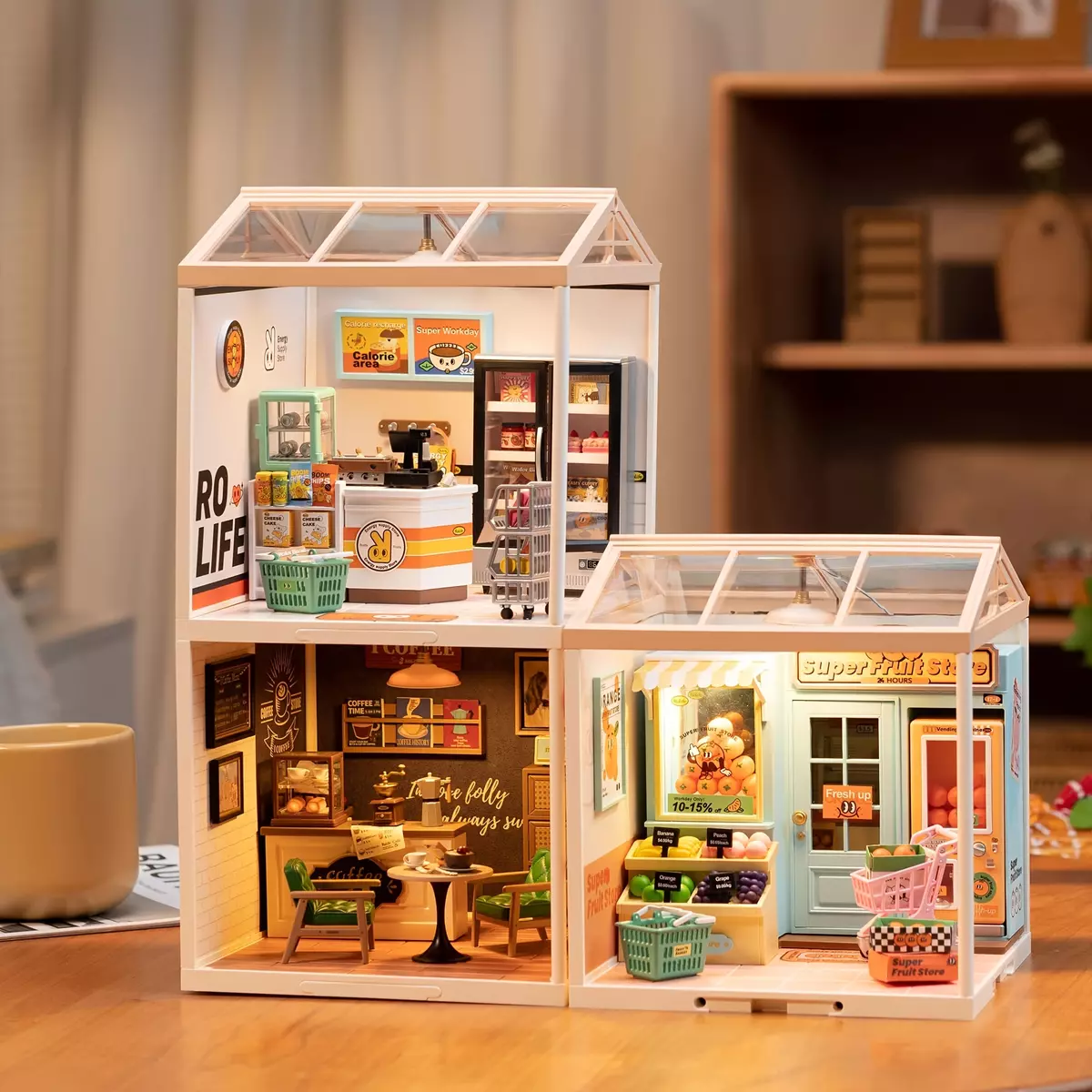 Rolife Super Creator Miniature Dollhouse Daily Inspiration Cafe -Energy Supply Store-Daily VC Fruit Store Plastic Building Teens Xmas Gift