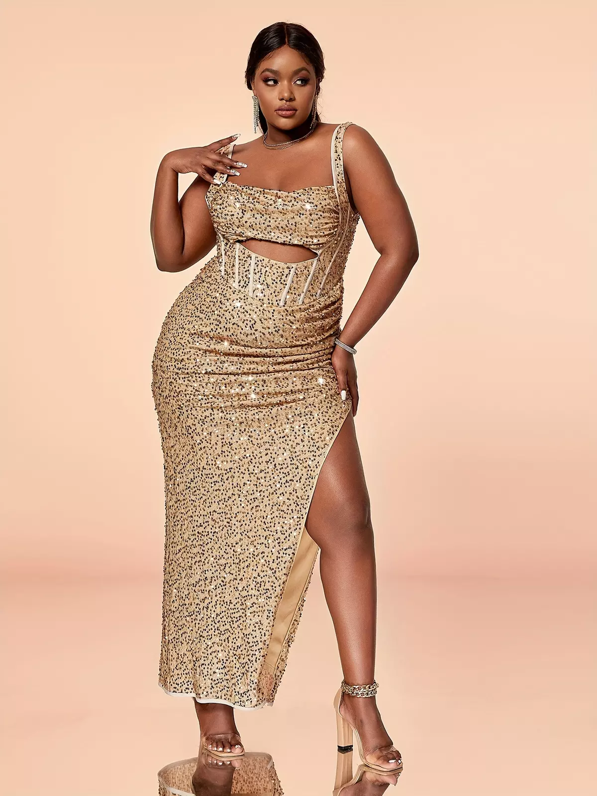 Plus Size Elegant Dress, Women's Plus Sequin Decor Cut Out Front Square Neck Side Split Bodycon Dress